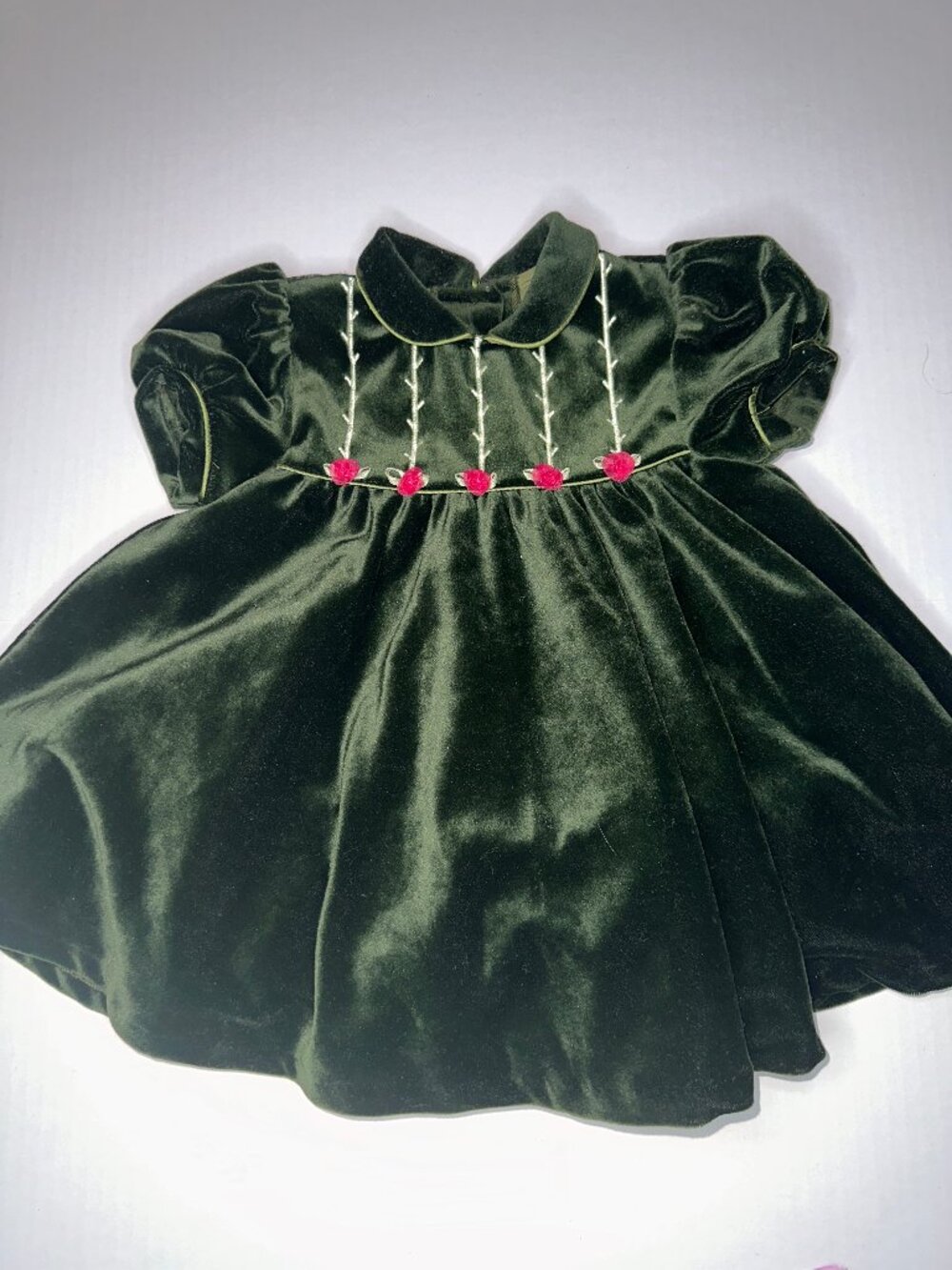 VTG Class Club Baby Dress Girl’s 18 Months Olive Green Velvet Roses Trim